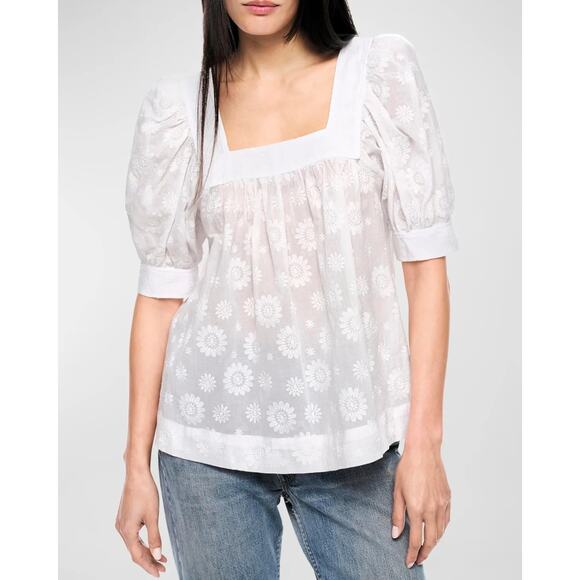 NWT Smythe Floral Embroidered Square Neck Puff Sleeve Top White Size: Medium - Picture 8 of 8